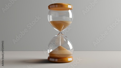 Hourglass on table, Sand flowing through the bulb of Sandglass measuring the passing time. countdown, patience, deadline, Life time and Retirement concept