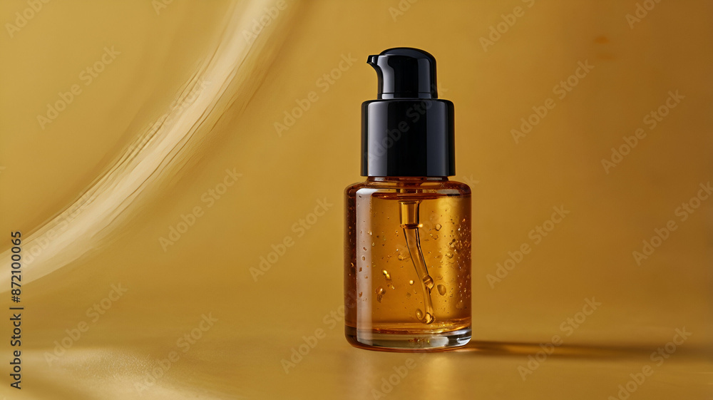 Naklejka premium shining wet amber glass dropper bottle with black black cap on and yellow green background, Skin care products, natural cosmetics, Beauty concept for face and body care, makeup products photos