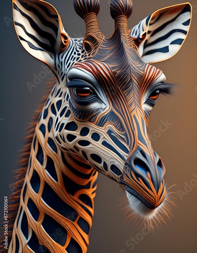 A closeup of a Giraffidaes head and neck with a zebra print pattern, showcasing the fawn snout and electric blue details. Wildlife art photo