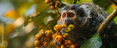 An Atlantic Forest Marmoset (Callithrix) Eating Vibrant Fruit On A Tree,High Resolution, Ultra HD photo