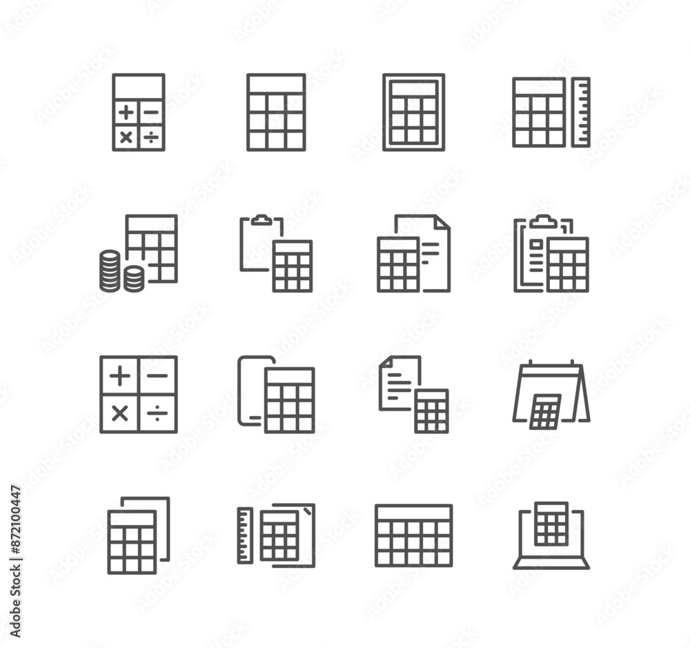 Set of calculation and accounting related icons, calculator, money, audit, tax, revenue, payable, credit and linear variety vectors.
Set of calculation and accounting related icons, calculator, money, audit, tax, revenue, payable, credit and linear variety vectors.