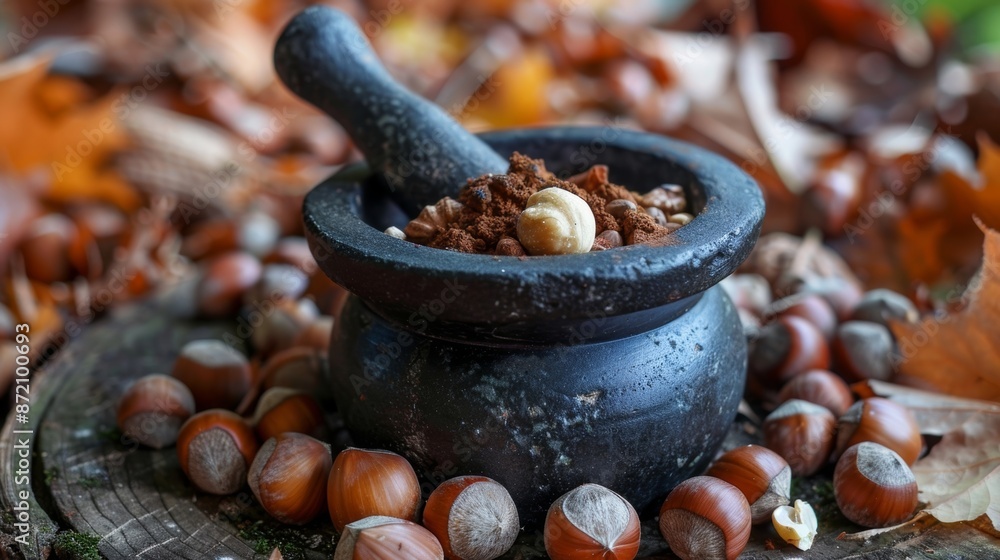 An oldfashioned mortar and pestle are used to grind foraged hazelnuts and chestnuts into a hearty and flavorful spread perfect for a fall harvest feast. An oldfashioned mortar and pestle are used to grind foraged hazelnuts and chestnuts into a hearty and flavorful spread perfect for a fall harvest feast.