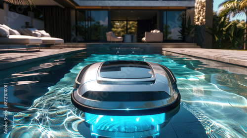 Robotic pool cleaner with futuristic design cleaning the swimming pool, modern automated swimming pool cleaner  photo