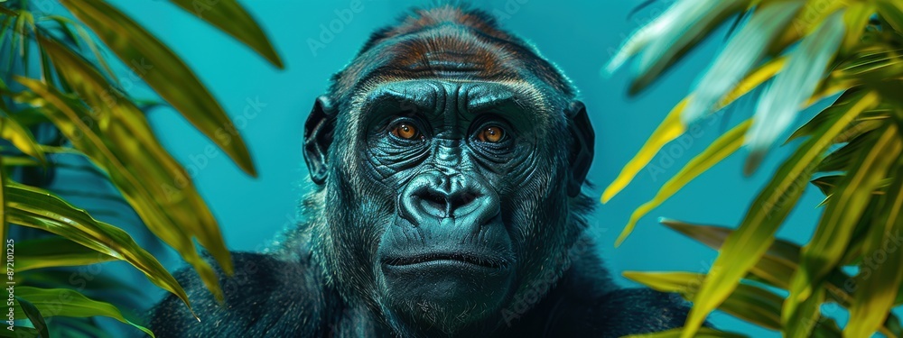 Obraz premium A close-up of a gorilla's expressive face, with a hint of greenery from its enclosure.