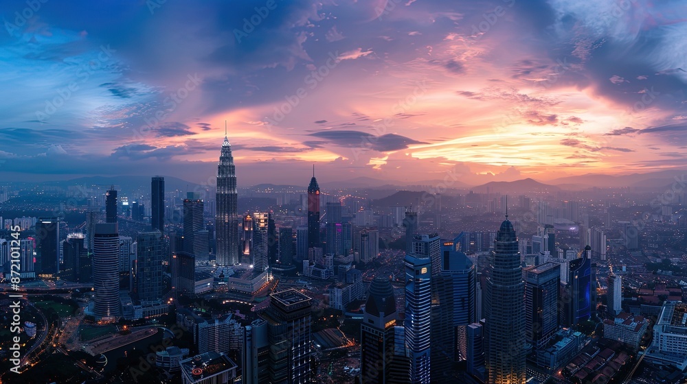 Fototapeta premium Kuala lumpur skyline glowing during dramatic sunset in malaysia