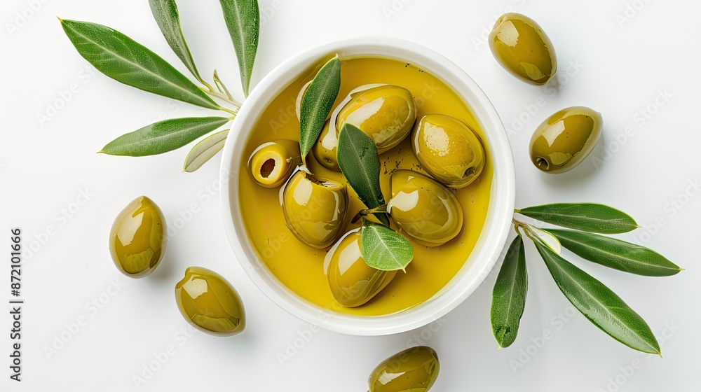 Green Olives in Bowl with Olive Oil and Sprigs Green Olives in Bowl with Olive Oil and Sprigs