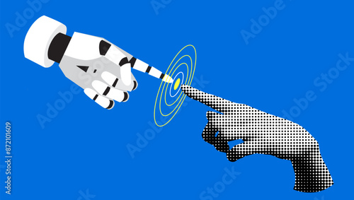 Modern collage with halftone human hand touching robots hand. Fight between human and artificial intelligence. Concept of future technologies. Machine learning. Contest between human and cyborg