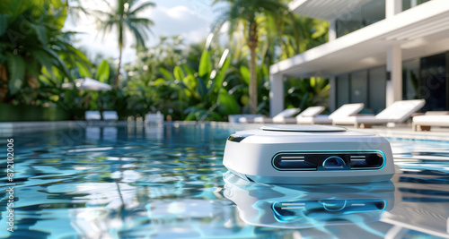 Robotic pool cleaner with futuristic design cleaning the swimming pool, modern automated swimming pool cleaner  photo