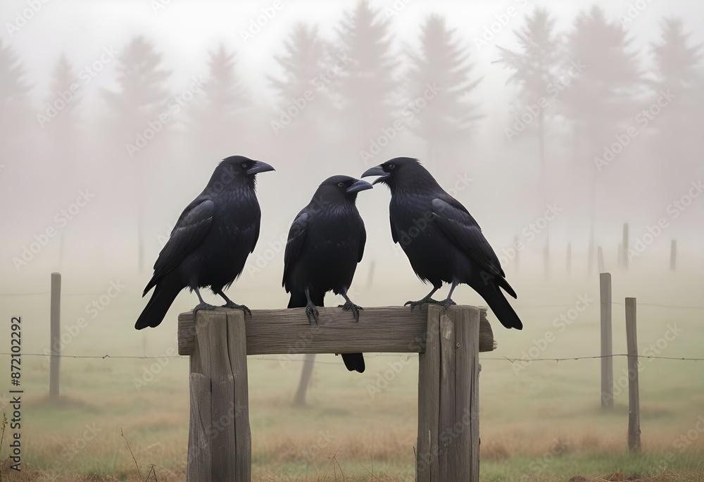 Obraz premium Two black crows perched on wooden posts in a foggy, grassy field