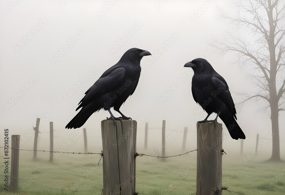 Fototapeta premium Two black crows perched on wooden posts in a foggy, grassy field