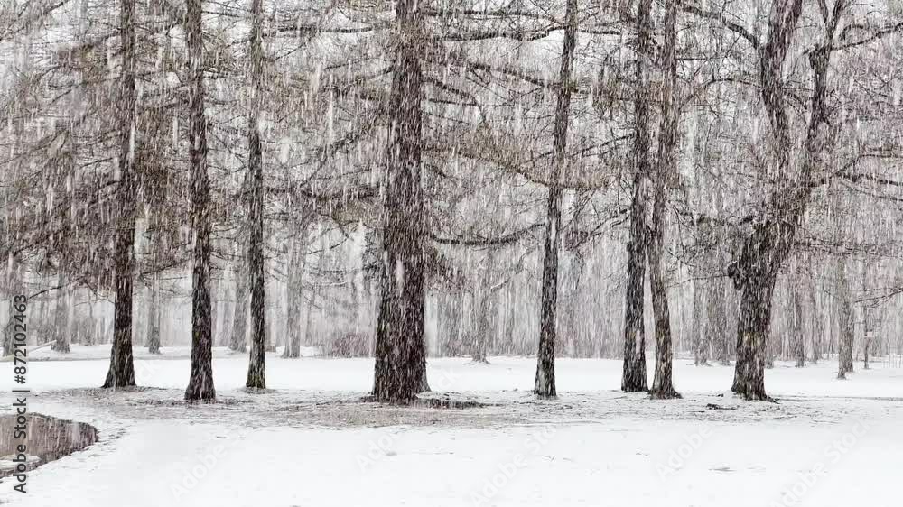 Heavy snow in the wood, Large flakes of snow, wild park, winter trees, the massif from a trunk of trees, blizzard. Forest abstract background, slow motion, nobody Heavy snow in the wood, Large flakes of snow, wild park, winter trees, the massif from a trunk of trees, blizzard. Forest abstract background, slow motion, nobody