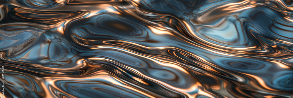 Abstract Liquid Metal Background with Swirling Patterns in Blue and Copper Tones Abstract Liquid Metal Background with Swirling Patterns in Blue and Copper Tones