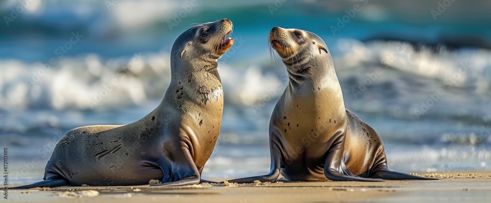 Fototapeta premium Australian Sea Lions (Neophoca Cinerea) Adults Playing On A Beach In Australia,High Resolution, Ultra HD