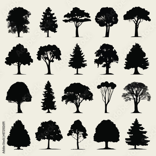 A collection of 20 distinct trees, each with its unique silhouette. These trees range from deciduous varieties with broad canopies to coniferous ones with needle-like leaves. They are positioned in a 