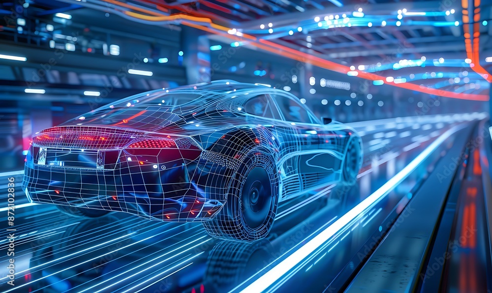 Futuristic Car Design, Wireframe Speeding Through a Digital City Futuristic Car Design, Wireframe Speeding Through a Digital City