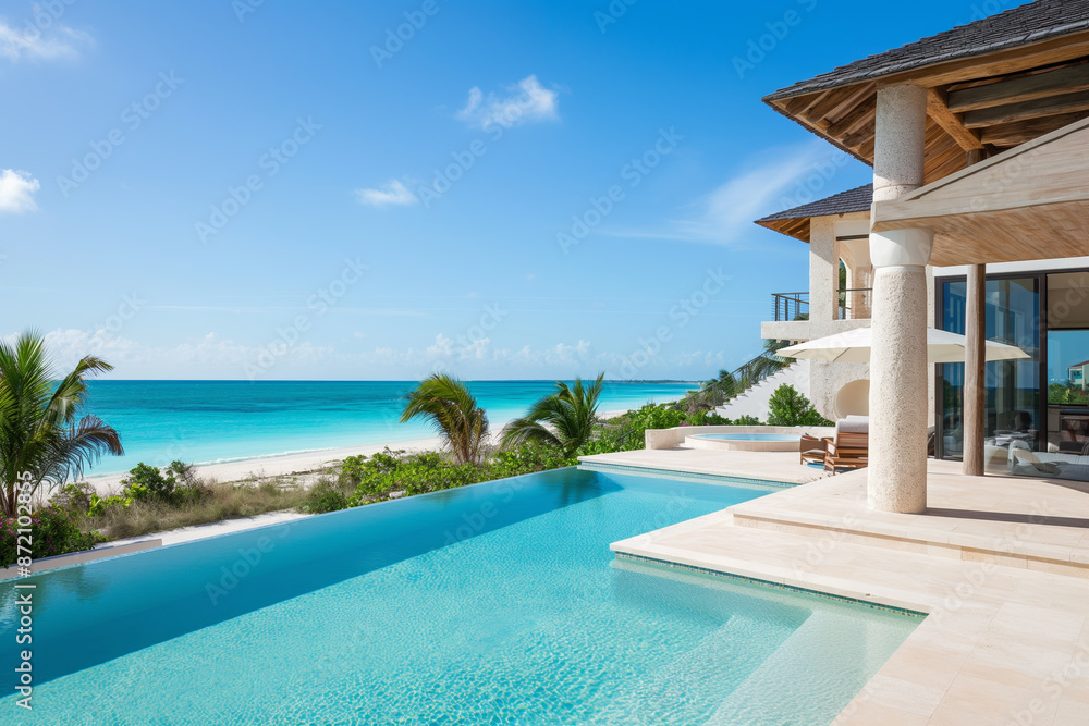 Fototapeta premium Luxurious Beachfront Villa with Infinity Pool Overlooking Crystal Clear Ocean on a Sunny Day