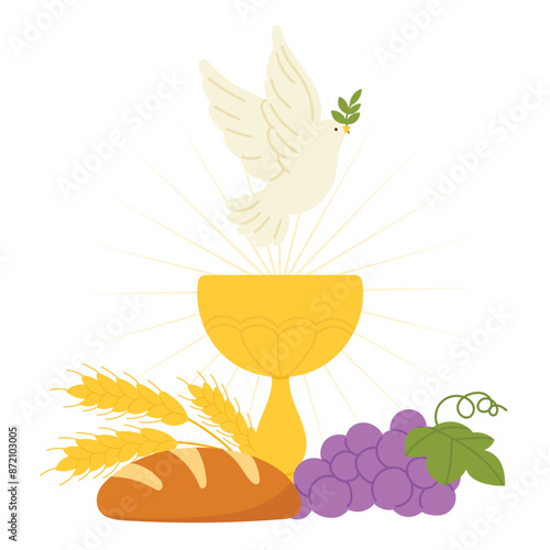 Holy spirit hand drawn background vector. Religious drawing of golden chalice and bread, grape, wheat, lily, dove. First holy communion illustration for Good Friday, Holy Week, Easter, cover, poster.