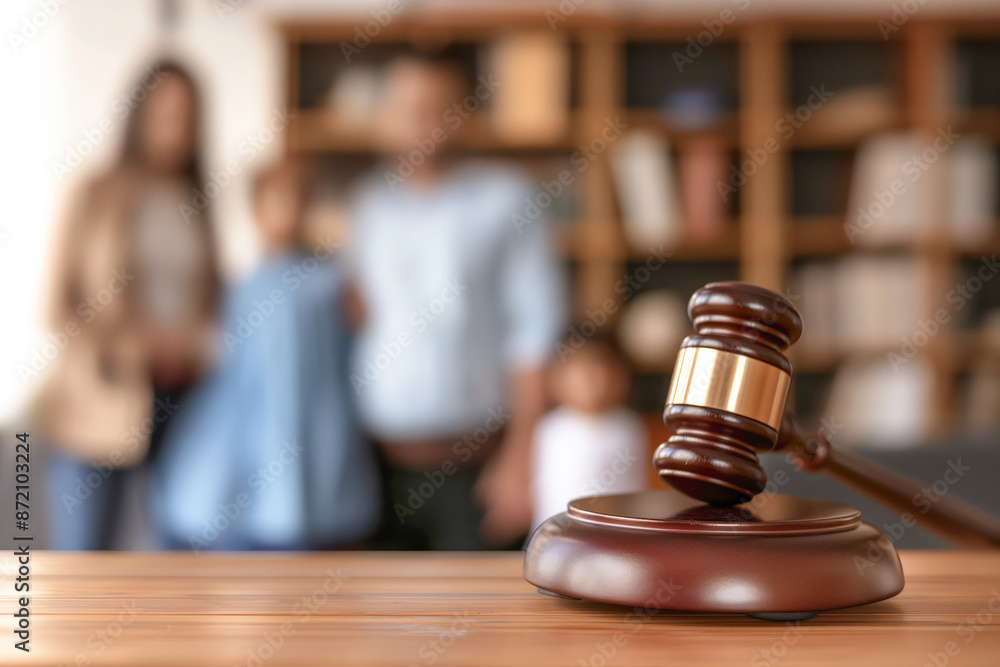 A family courtroom scene with a judge's gavel, symbolizing legal proceedings and decisions in divorce and custody cases.