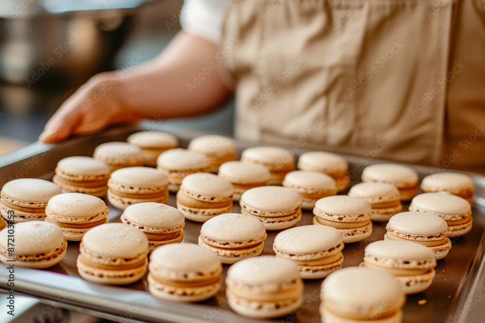 Fototapeta premium Baker is holding a baking sheet with macarons cookies, close up