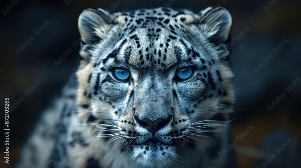 Obraz premium A close-up of a snow leopard, with its piercing blue eyes and thick, spotted fur.