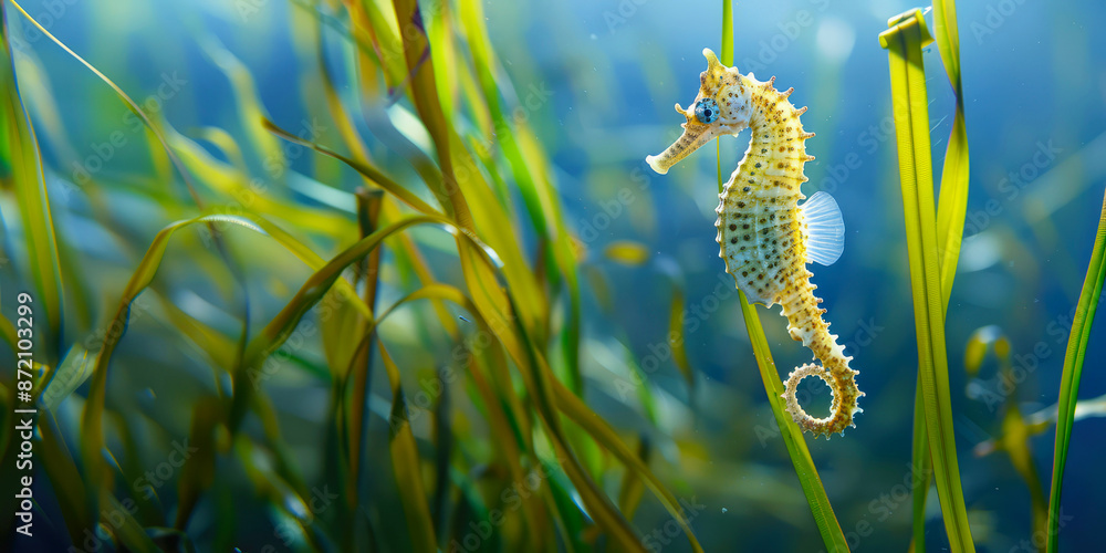 Closeup of a yellow seahorse floating underwater, surrounded by vibrant coral and green plants