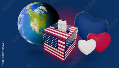 Fototapeta Naklejka Na Ścianę i Meble -  ballot box with ballot paper as a ballot for a vote for a political election in the national colors of USA America, with hearts, 3d illustration, elements of this image furnished by NASA