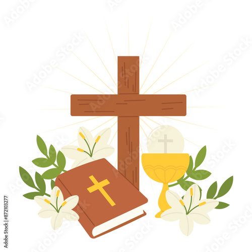 Holy spirit hand drawn background vector. Religious drawing of wooden cross, golden chalice, bible, lily, dove. First holy communion illustration for Good Friday, Holy Week, Easter, cover, poster.