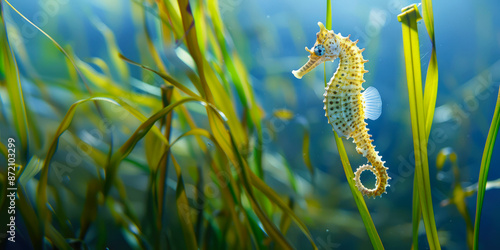 Obraz na płótnie Closeup of a yellow seahorse floating underwater, surrounded by vibrant coral and green plants w salonie