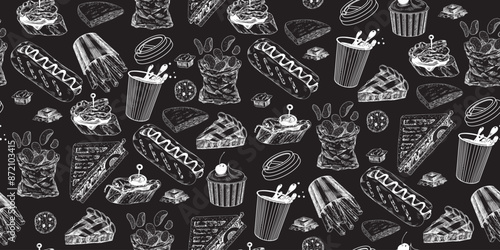 Seamless pattern with fast food sketches. Drawn on chalkboard french fries, hot dog, glass of coffee, ice cream, sandwich, bag of chips, khachapuri, apple pie. Set of street food