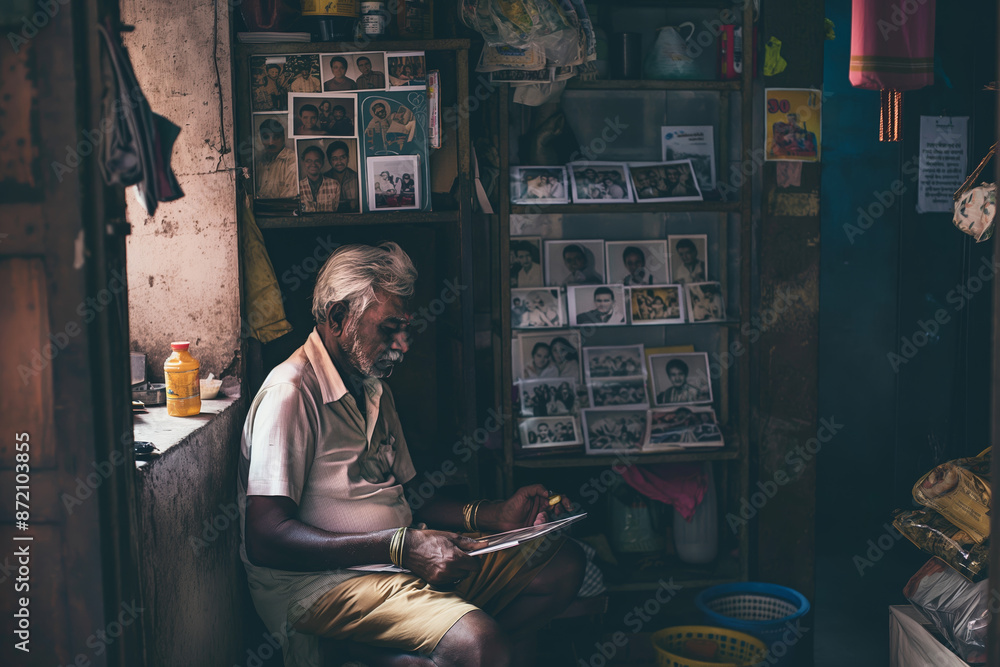 Elderly Man Browsing s in Dimly Lit Room Filled with Family Memories Elderly Man Browsing s in Dimly Lit Room Filled with Family Memories