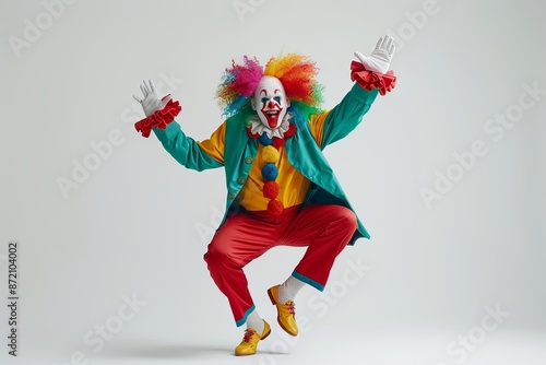Circus clown in a green jacket and red trousers, with a white background isolated on the side of his body is a colorful wig, he has one hand up waving to the camera