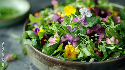 A delightful blend of fresh herbs baby lettuces and wild flowers drizzled with a lemon and herb vinaigrette. © Justlight