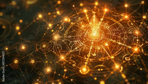 Mystical 3D illustration of data nodes emerging from ancient alchemical symbols