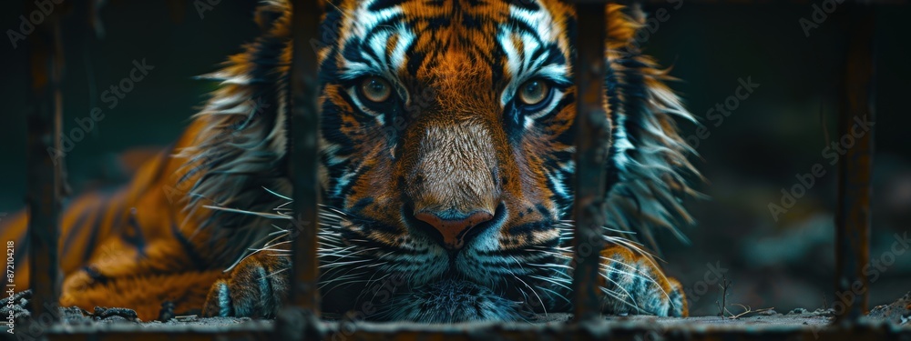 A close-up of a tiger behind the bars of its enclosure, highlighting its intense gaze and majestic stripes. A close-up of a tiger behind the bars of its enclosure, highlighting its intense gaze and majestic stripes.