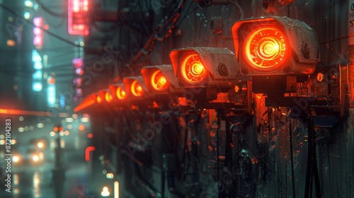 Row of Surveillance Cameras with Red Lights in Cyberpunk City - Generative AI