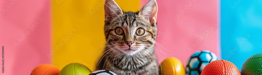 Cat posing with miniature sports equipment, vibrant and colorful background, playful and dynamic setting, celebrating the games