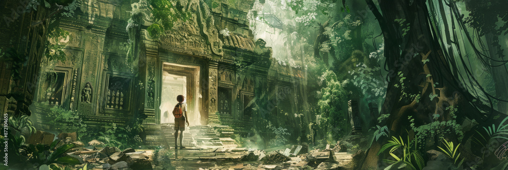 In a lush jungle, a solo traveler discovers the secrets of an ancient temple ruin, this bucket list adventure captures the spirit of exploration and the allure of historical mysteries, banner In a lush jungle, a solo traveler discovers the secrets of an ancient temple ruin, this bucket list adventure captures the spirit of exploration and the allure of historical mysteries, banner