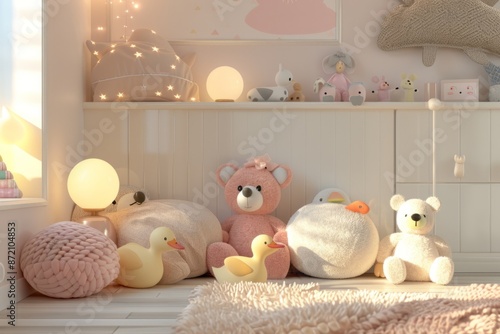 The children's room is decorated with soft toys like teddy bears, ducks, and more, the space features warm pastel colors and natural materials, creating a cozy atmosphere