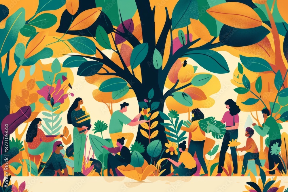 Naklejka premium A diverse group of people participates in a tree-planting event, working together to enhance the environment, the event symbolizes unity and ecological stewardship, do it together