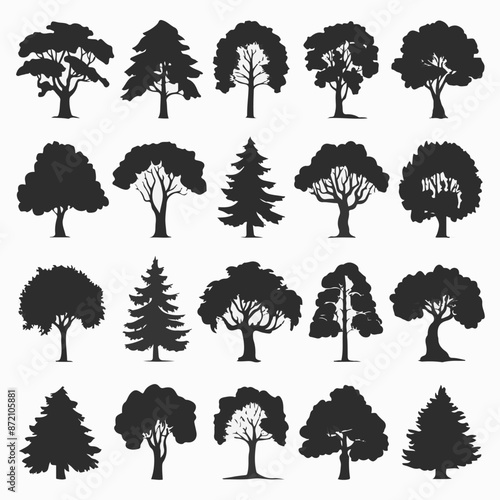 A collection of 20 distinct trees, each with its unique silhouette. These trees range from deciduous varieties with broad canopies to coniferous ones with needle-like leaves. 