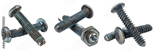 Set of Three screws in different sizes placed next to each other on transparent png background