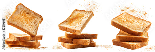 Set of Whole grain bread slices being toasted in a modern kitchen on transparent png background