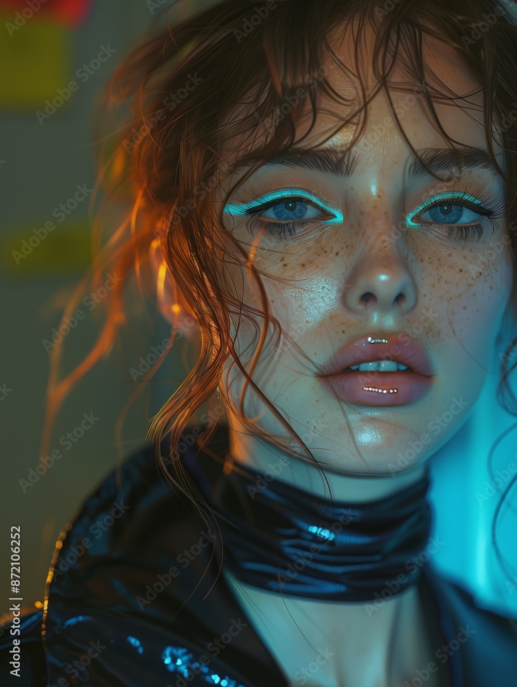 Close Up Portrait of a Young Woman With Blue Eyes and Bold Makeup in a Dark Room With Blue Lighting Close Up Portrait of a Young Woman With Blue Eyes and Bold Makeup in a Dark Room With Blue Lighting