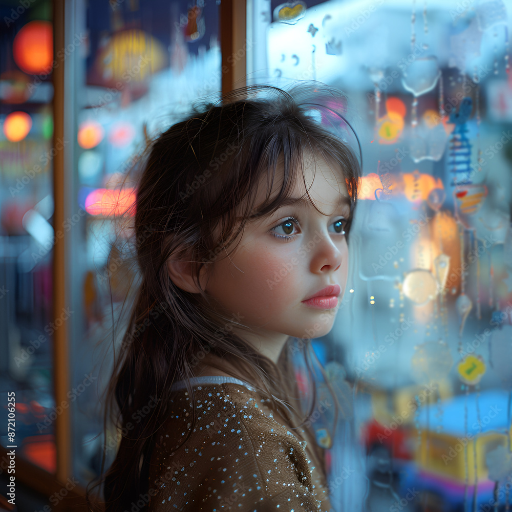 A little blonde girl looks at a glass shop window. A little blonde girl looks at a glass shop window.