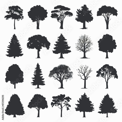 A collection of 20 distinct trees, each with its unique silhouette. These trees range from deciduous varieties with broad canopies to coniferous ones with needle-like leaves. 