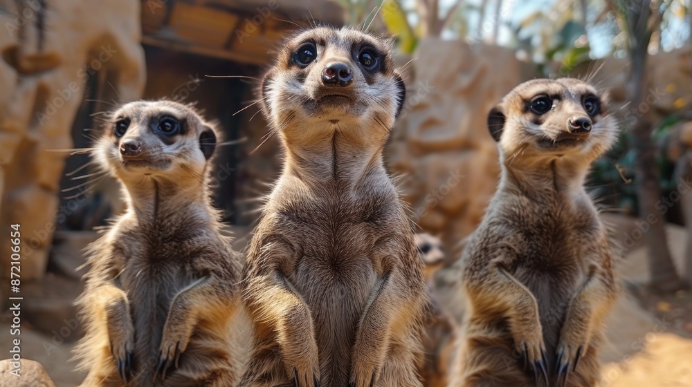 A group of meerkats standing on their hind legs, curiously looking around their enclosure. A group of meerkats standing on their hind legs, curiously looking around their enclosure.