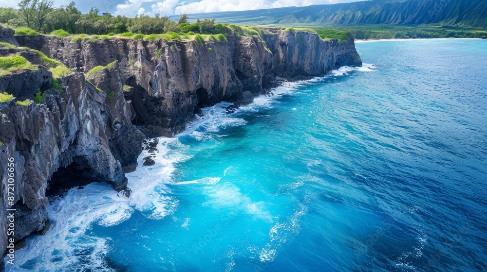 Aerial view of ocean waves hitting rocky cliffs, rugged northern shoreline, vivid turquoise sea 9ac20516622a Aerial view of ocean waves hitting rocky cliffs, rugged northern shoreline, vivid turquoise sea 9ac20516622a