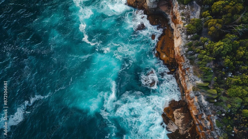 Aerial view of ocean waves hitting rocky cliffs, rugged northern shoreline, vivid turquoise sea 9ac20516622a Aerial view of ocean waves hitting rocky cliffs, rugged northern shoreline, vivid turquoise sea 9ac20516622a