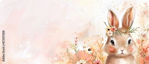 Watercolor baby bunny with a flower crown and plenty of copyspace on a pastel background
