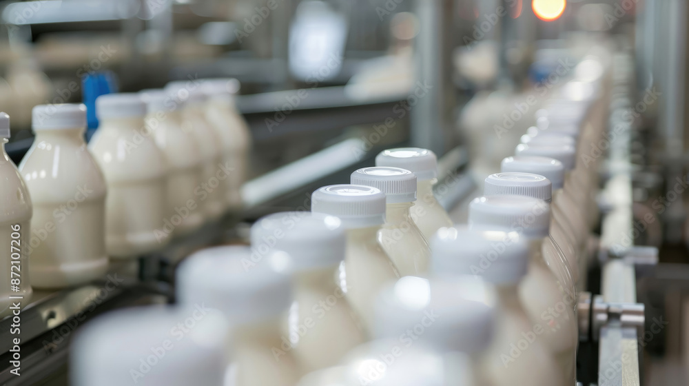 Industrial Scale Yogurt Production. Bottles Flowing on Assembly Line Industrial Scale Yogurt Production. Bottles Flowing on Assembly Line